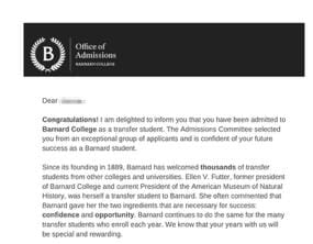 Barnard College: 录取通知书（学生信息已隐去）