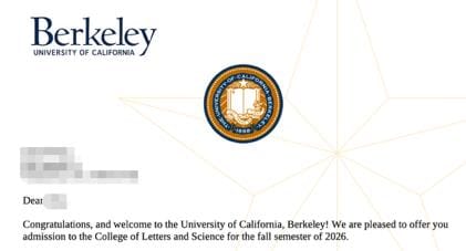 UC Berkeley: 录取通知书（学生信息已隐去）