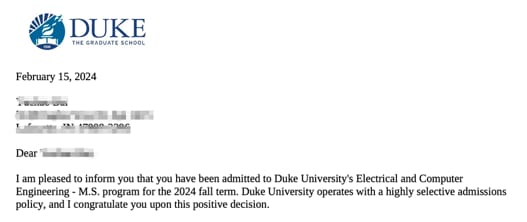 Duke University: 录取通知书（学生信息已隐去）