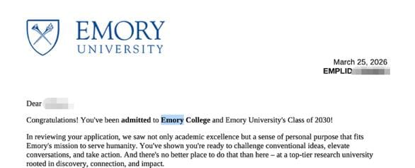 Emory University: 录取通知书（学生信息已隐去）