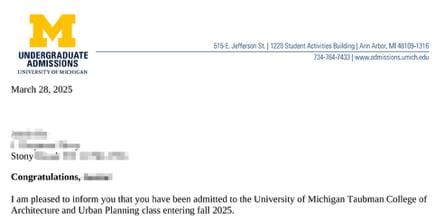 University of Michigan: 录取通知书（学生信息已隐去）