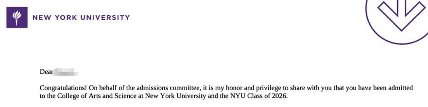New York University: 录取通知书（学生信息已隐去）