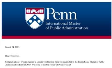 University of Pennsylvania: 录取通知书（学生信息已隐去）