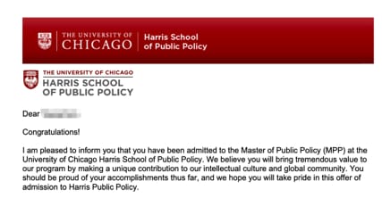 University of Chicago: 录取通知书（学生信息已隐去）