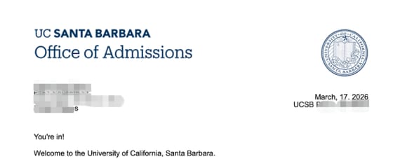 UC Santa Barbara: 录取通知书（学生信息已隐去）