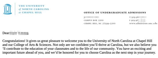 UNC Chapel Hill: 录取通知书（学生信息已隐去）