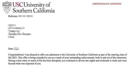 University of Southern California: 录取通知书（学生信息已隐去）
